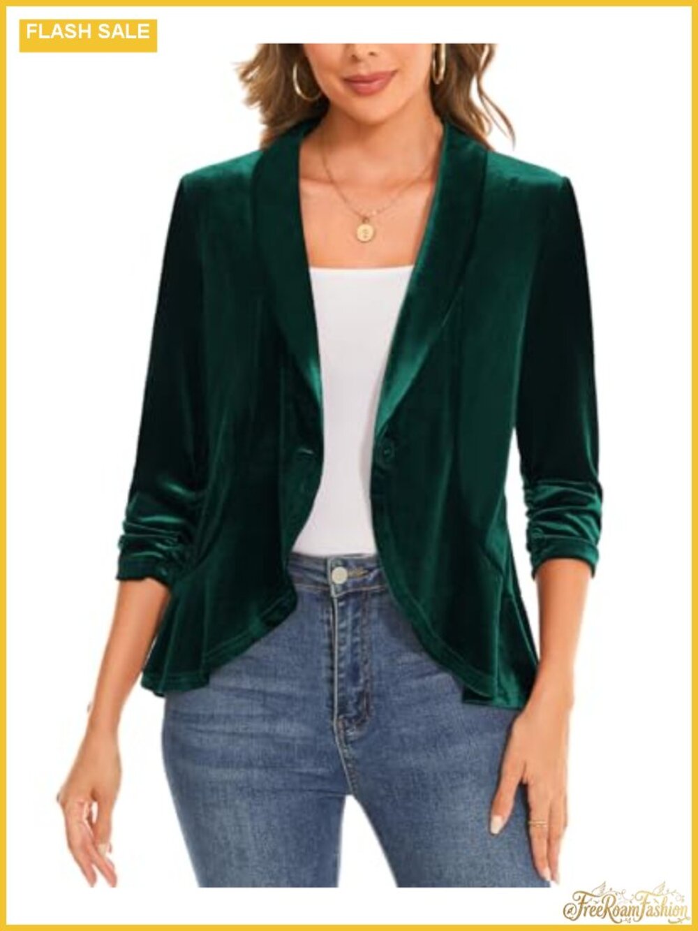 Velvet Blazer 3/4 Sleeve Ruffle Tailored Suit Jacket